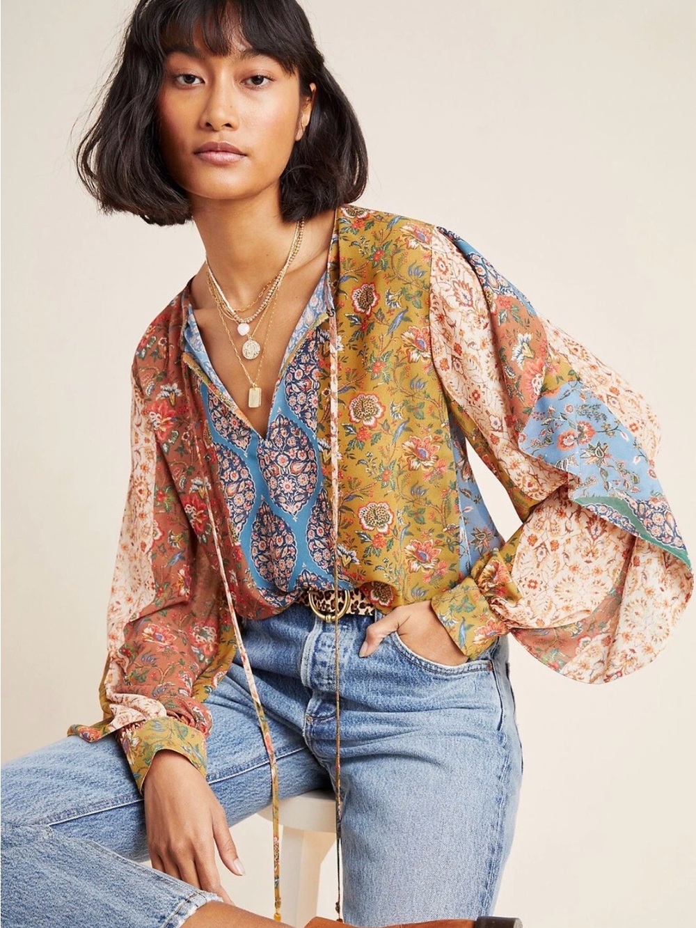 Sachin + Babi Multi-Color Patchwork Floral Blouse - Blue, Mustard, Rust